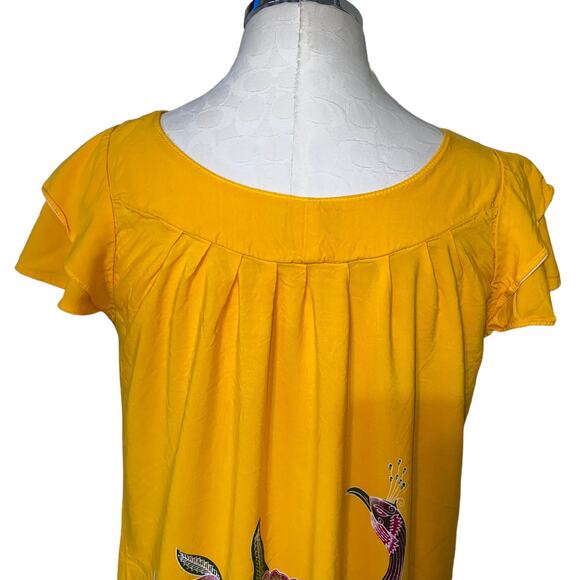 Boho Indie Floral Peacock Print Bright Colored Dress with capped Ruffle Sleeves - Picture 4 of 8